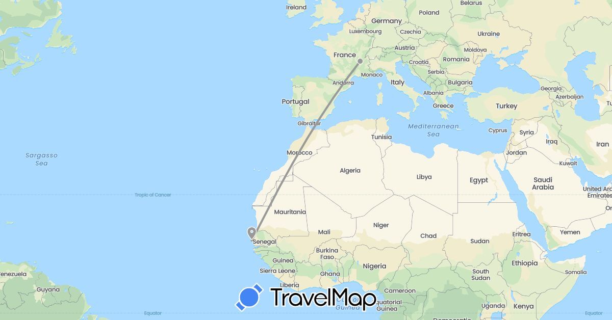 TravelMap itinerary: driving, plane in France, Senegal (Africa, Europe)